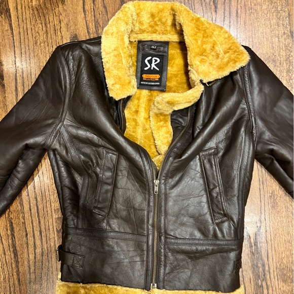 Sourock Brown Leather Jacket with Plush Shearling Collar Sz Large - Picture 3 of 10